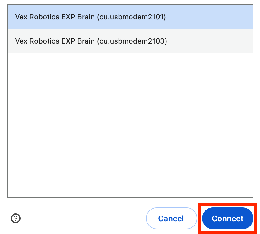 The same connection window with the lower ID number highlighted above and the Connect button in the lower right corner highlighted in a red box, indicating what to select to connect to the Brain.