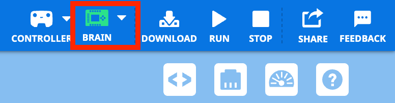 VEXcode Toolbar with a green Brain icon showing between the Controller icon and Download button, indicating a successful connection.