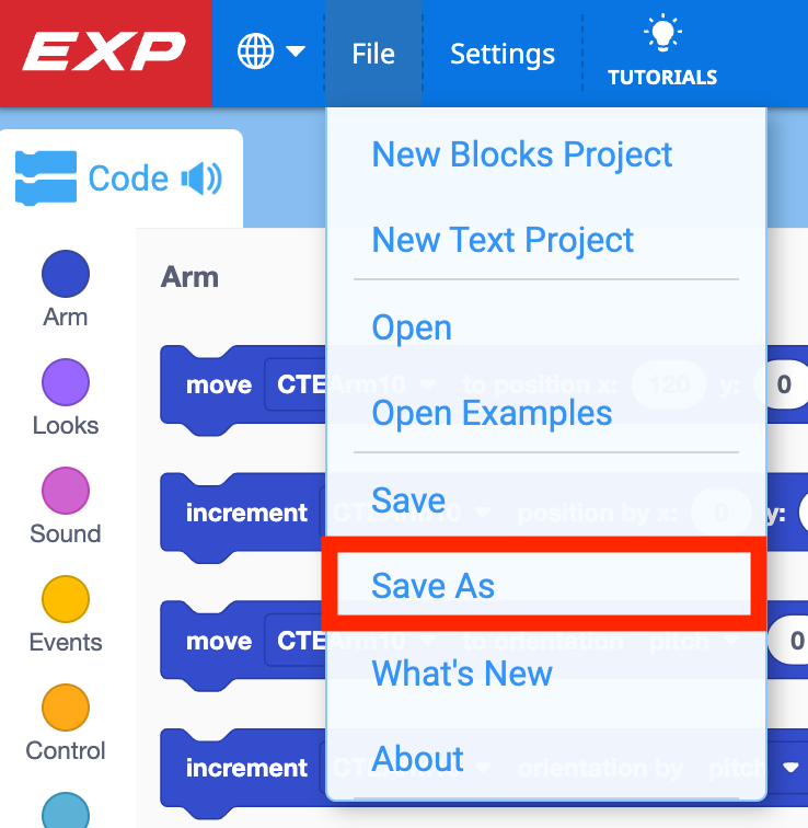 File menu in VEXcode EXP open, with Save As highlighted in a red box. Save As is the sixth menu option, below New Blocks Project, New Text Project, Open, Open Examples, and Save.