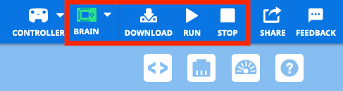 VEXcode Toolbar with the Brain icon showing green and the Download, Run, and Stop buttons enabled.