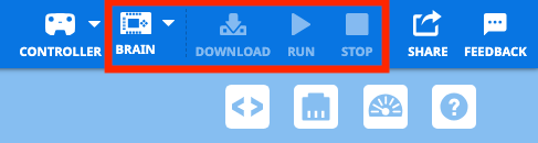 The VEXcode Toolbar with the Brain icon showing white, and the Download, Run, and Stop buttons are grayed out and disabled.