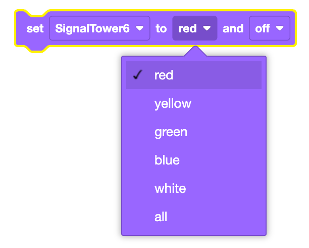 The Set signal tower block in VEXcode with the color parameter dropdown open and red selected. The available color list reads red, yellow, green, blue, white, and all.