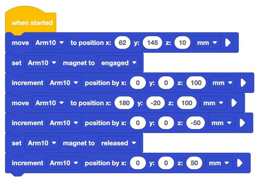 VEXcode project begins with a When started block and has 7 blocks attached. The project reads, When started, move Arm 10 to position x 62, y 145, z 10 mm; set Arm 10 magnet to engaged; increment arm position by z 100 mm; move arm to position x 180, y -20, z 100 mm; increment arm position by z - 50 mm; set arm magnet to released; increment arm position by z 50 mm.