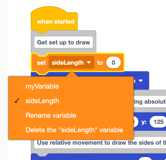 The start of the project from above, with the variable parameter drop down menu open, and side length selected from the options.