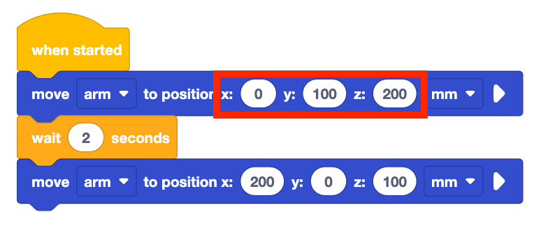 The same VEXcode EXP blocks project but with the first Move 6-Axis Arm to Position block's position changed to x 0 y 100 z 200 and highlighted. The project reads When started, move arm to position x 0 y 100 z 200 mm, wait 2 seconds, and finally move arm to position x 200 y 0 z 100 mm.