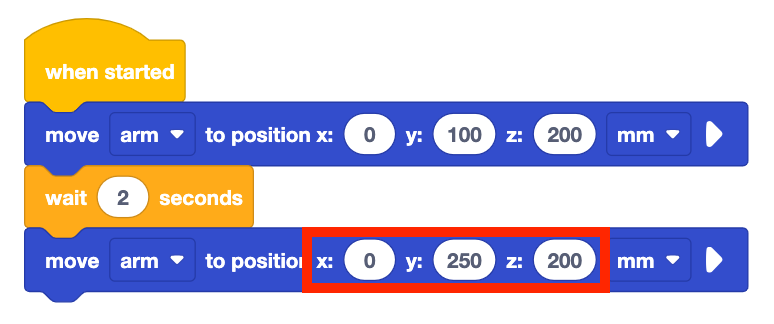 The same VEXcode EXP blocks project but with the second Move 6-Axis Arm to Position block's position changed to x 0 y 250 z 200 and highlighted. The project reads When started, move arm to position x 0 y 100 z 200 mm, wait 2 seconds, and finally move arm to position x 0 y 250 z 200 mm.