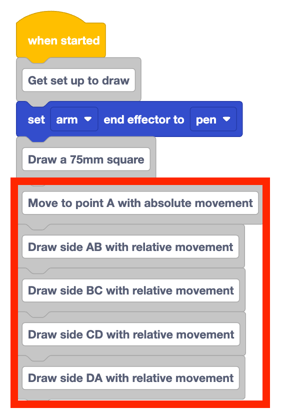 VEXcode project with 8 blocks attached to the when started. The first three match the project earlier in this page. The other five blocks are comments that match the instructions for this step.