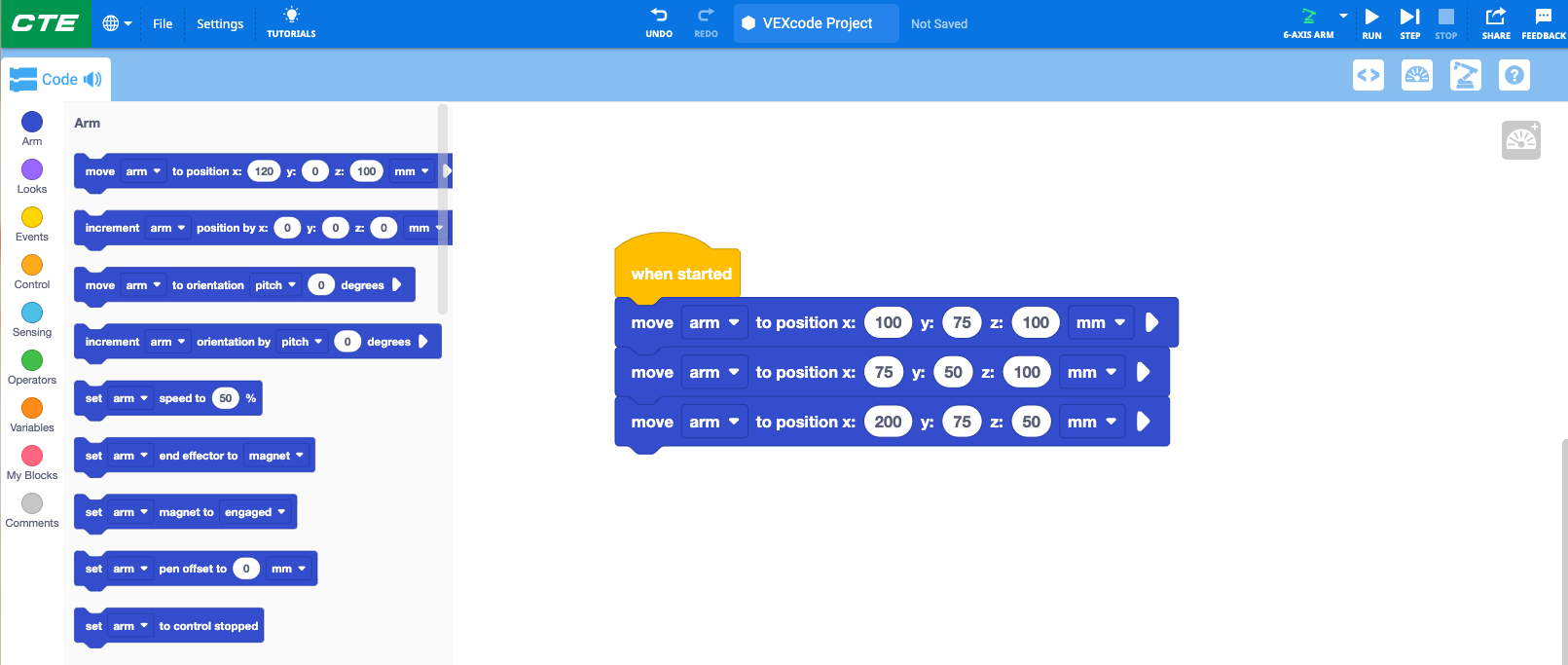 VEXcode EXP blocks project that reads When started, move arm to position x 100 y 75 z 100 mm, move arm to position x 75 y 50 z 100 mm, and finally move arm to position x 200 y 75 z 50 mm.