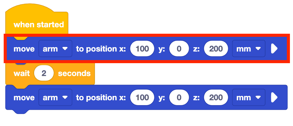 The same project from above with the first move to position block highlighted in a red box.