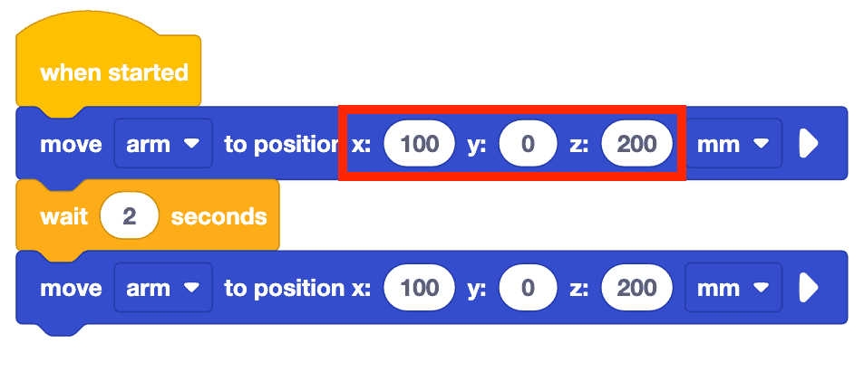 The same project from above with the x, y, and z parameters of the first move to position block highlighted in a red box.
