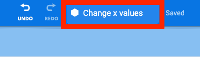 Project name box in the VEXcode Toolbar, reads Change x values.