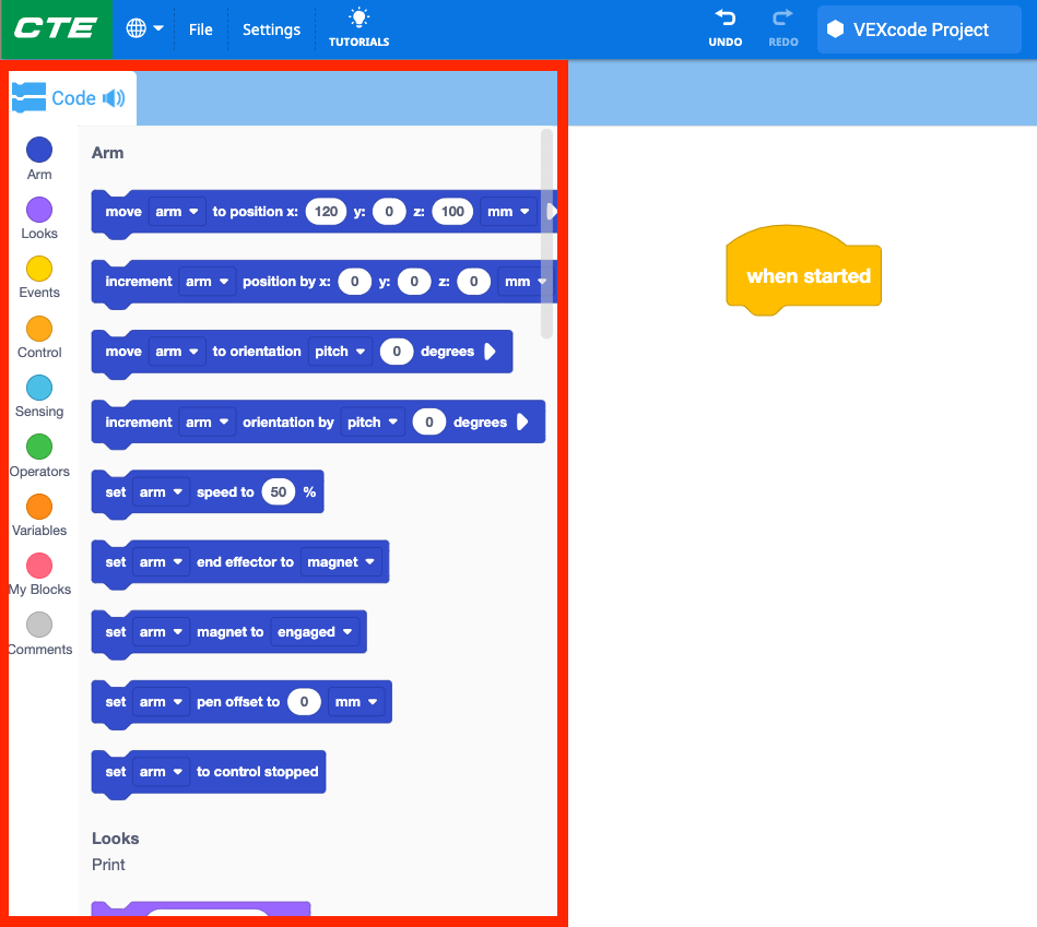 VEXcode EXP workspace with a red box around the blocks in the toolbox on the left side.