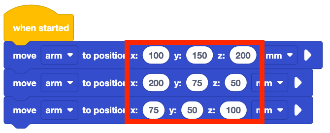 VEXcode EXP blocks project with the position input fields highlighted and rearranged. The project reads When started, move arm to position x 100 y 150 z 200 mm, move arm to position x 200 y 75 z 50 mm, and finally move arm to position x 75 y 50 z 100 mm.