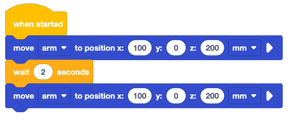 VEXcode project begins with a When started block. The project reads When started, move arm to position x 100, y 0, z 200 mm; wait 2 seconds; move arm to position x 100, y 0, z 200 mm.