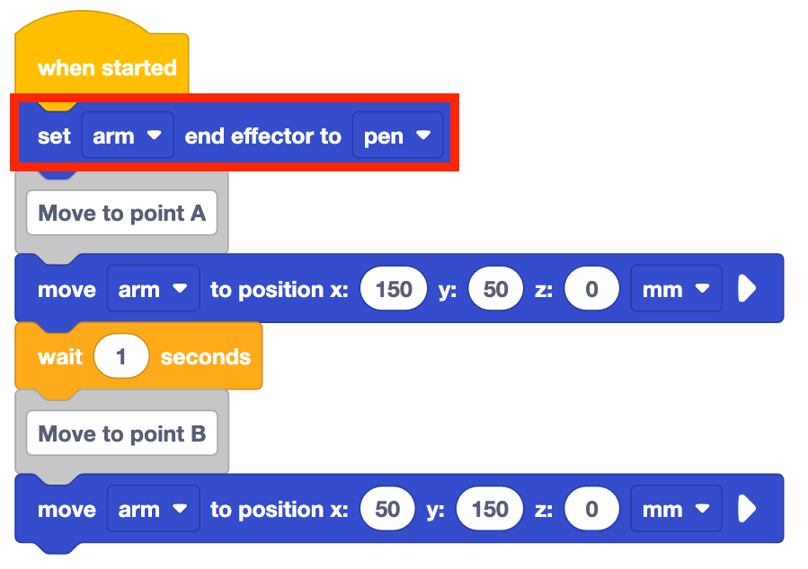 VEXcode EXP project with a red callout box around the Set end effector block. The parameters in the block are set so it reads, 'set arm end effector to pen'.
