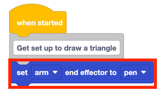 The same stack of blocks from before with a set arm end effector to pen block added to the bottom. This set arm end effector block is highlighted with a red box.