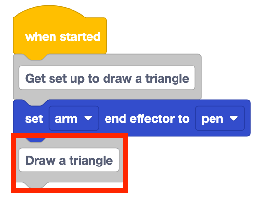 The same stack of blocks from before, but now there is a new comment block added to the bottom of the stack that reads Draw a triangle. This comment block is highlighted with a red box.