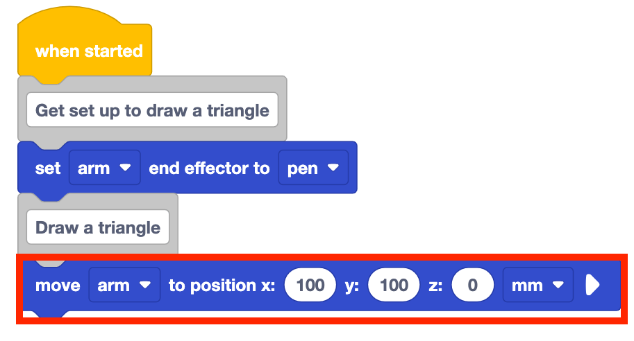 The same stack of blocks as before but now there is a new move arm to position x 100 y 100 z 0 mm block added to the bottom. This move arm to position block is highlighted with a red box.