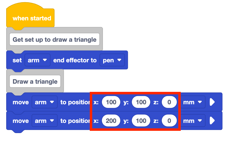The same stack of blocks as before. The x, y, and z parameter fields for both move arm to position blocks are highlighted with a red box.