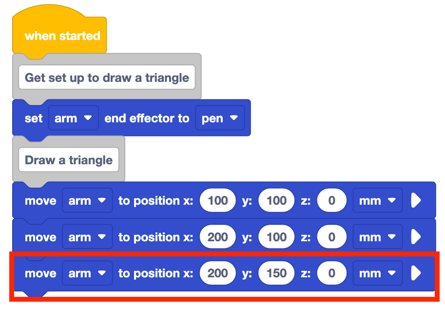 The same stack of blocks as before, but now a move arm to position x 200 y 150 z 0 mm block has been added to the bottom. This new move arm to position block is highlighted with a red box.