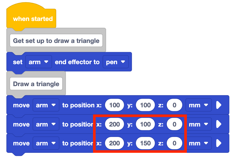 The same stack of blocks as before. The x, y, and z parameter fields for the last two move arm to position blocks are highlighted with a red box.