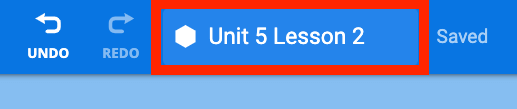 The VEXcode Toolbar showing the project name highlighted with a red box. The project name reads Unit 5 Lesson 2.