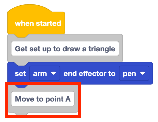 The stack of blocks from before with a comment block reading Move to point A that is highlighted with a red box.