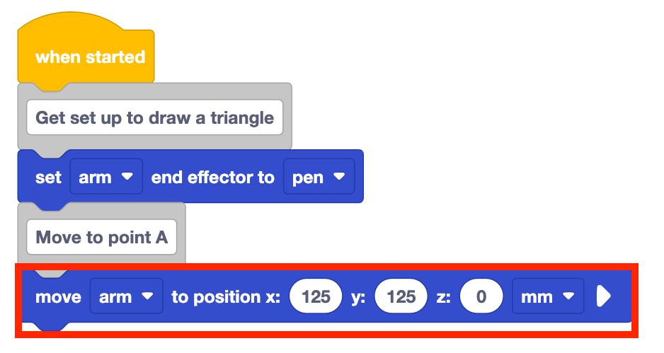 The stack of blocks from before with a move arm to position x 125 y 125 z 0 mm added to the bottom. This bottom block is highlighted with a red box.