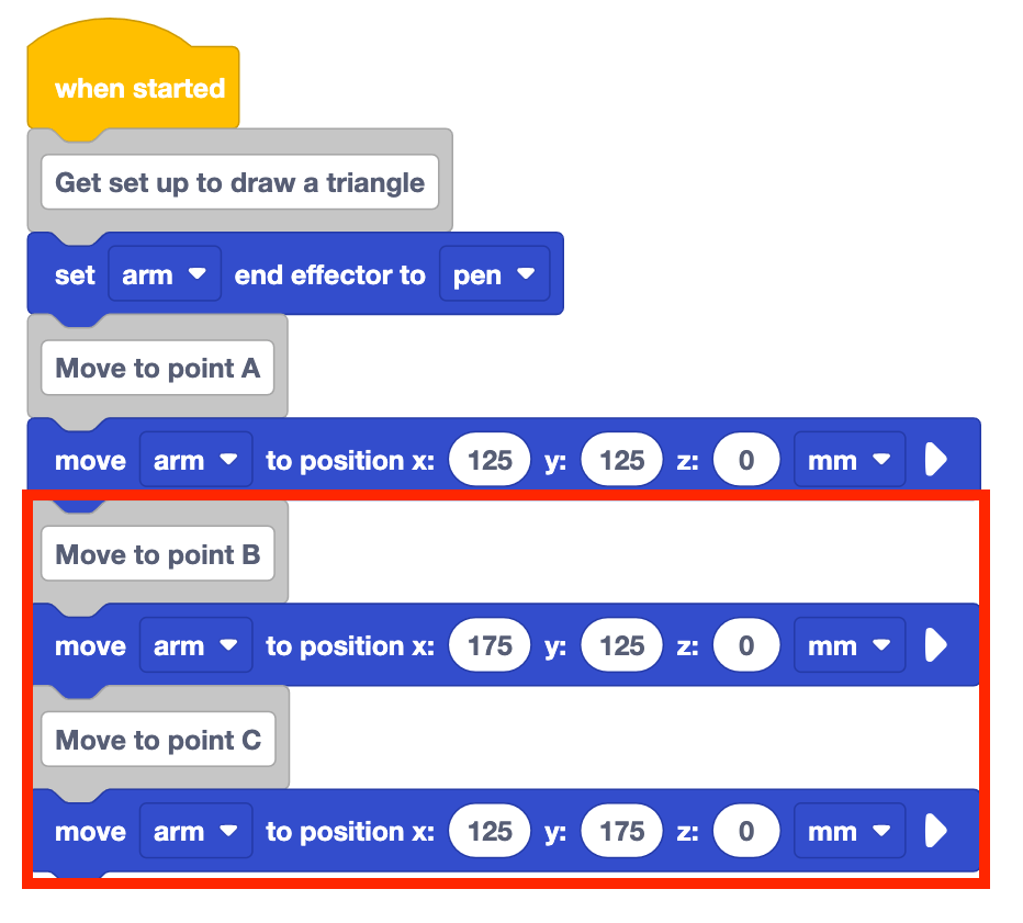 The stack of blocks from before with four new blocks added to the bottom in this order, a comment block reading move to point B, a move arm to position x 175 y 125 z 0 mm block, a comment block reading move to point C, and a move arm to position x 125 y 175 z 0 mm block. The four new blocks are highlighted with a red box.