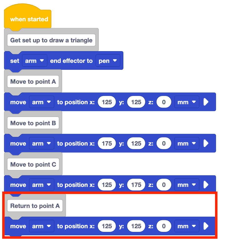The stack of blocks from before with a comment block reading return to point A and a move arm to position x 125 y 125 z 0 mm added to the bottom that is highlighted with red box.