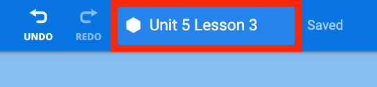 The VEXcode Toolbar showing the project name that reads Unit 5 Lesson 3. The project name is highlighted with a red box.