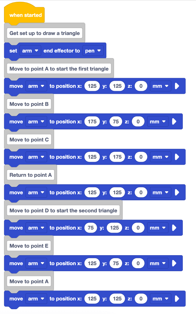 The full stack of blocks from before, ending with the move to point A comment block and the move arm to position x 125 y 125 z 0 mm block.