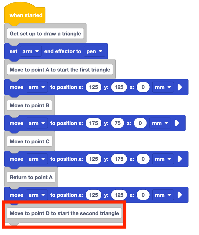 The same stack of blocks from before but a comment block has been added to the bottom that reads Move to point D to start the second triangle and is highlighted with a red box.