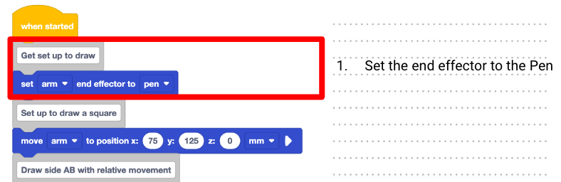 Code reading notebook example, using Project A from above. The first comment and set arm end effector blocks are highlighted and described.