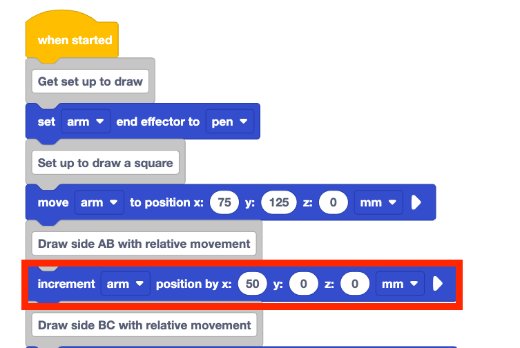 The beginning portion of Project A as described above, with the block to increment position by x 50 mm highlighted in red.