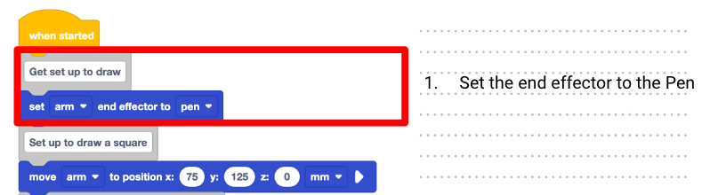 Code reading example in the engineering notebook, with the first comment and set arm end effector block highlighted in a red box, and described.