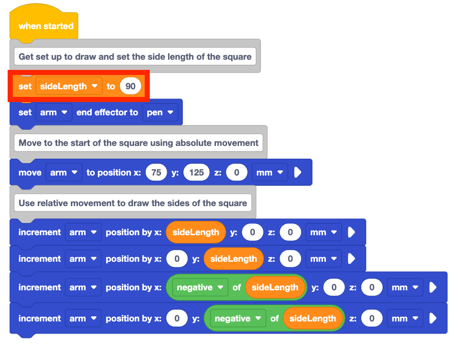 The full project from above, with the set variable block set to 90. The start of the project now reads When started, Get set up to draw and set the side length of the square, set side length to 90.