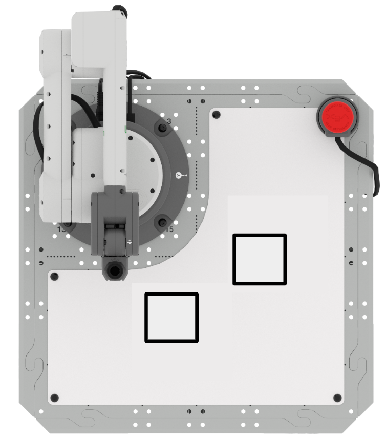 A top down view of the 6-Axis Arm with the Whiteboard attachment on the Tile. Two 35mm squares are drawn, one to the lower left and one to the upper right.