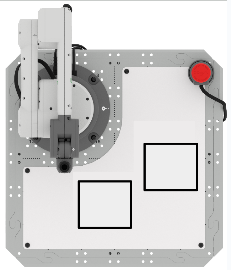 A top down view of the 6-Axis Arm with the Whiteboard attachment on the Tile. Two 70mm squares are drawn, one to the lower left and one to the upper right.