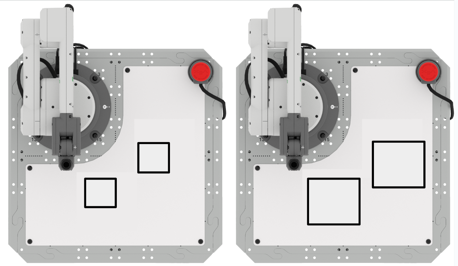 Two 6-Axis Arms with the Whiteboard attachment are shown side by side. On the left, the 6-Axis Arm has drawn two small squares, one on the lower left of the whiteboard, and one on the upper right of the whiteboard. On the right, the 6-Axis Arm has drawn two larger squares, in the same locations on the whiteboard.