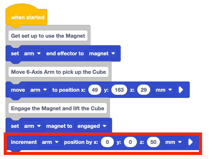 The same stack of blocks from before with an increment arm position by x 0 y 0 z 500 mm block added to the end. This newly added block is highlighted with a red block.