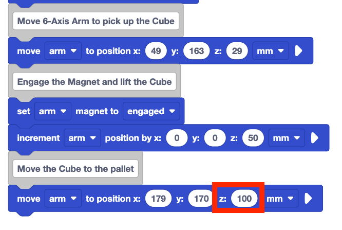 The same stack of blocks as before but the last move arm to position block has its z position modified. The position now reads x 179, y 170, z 100. The changed z position is highlighted with red box.