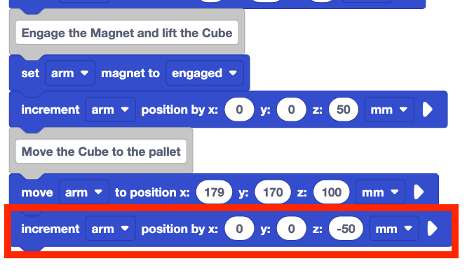 The same stack of blocks from before with a new increment arm position by x 0 y 0 z -50 mm block added to the bottom of the stack. This newly added block is highlighted with a red box.
