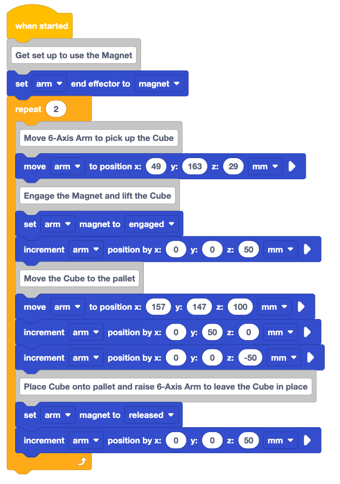 The same stack of blocks from before, showing the entire stack of blocks beneath the When started block.
