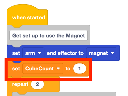 The same stack of blocks as before with the set CubeCount to 1 block added to be above the repeat 2 block. This new block is highlighted with a red box.
