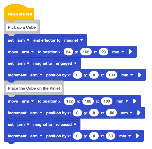 The same code block from Lesson 1 with the 4 blocks added to the bottom in order: a move arm to position x 172 y 168 z 100 mm block, an increment arm position x 0 y 0 z -50 mm block, a set arm magnet to released block, and an increment arm position by x 0 y 0 z 50 mm.