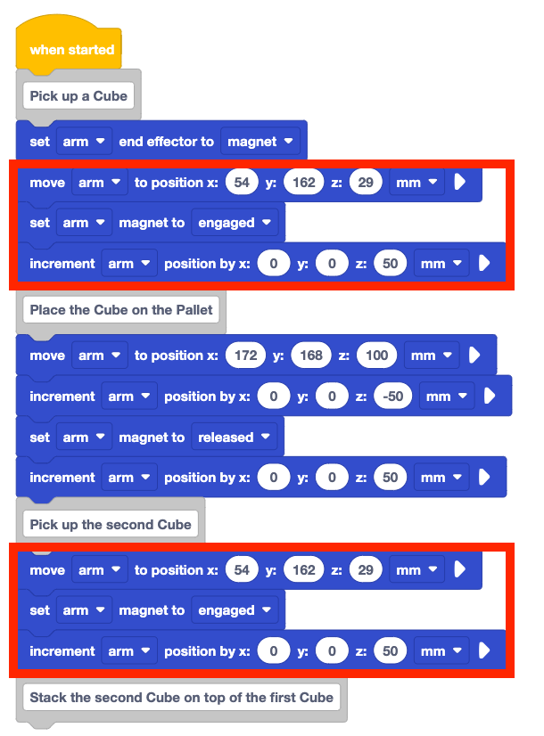The same stack of blocks from before. The three newly added blocks from the previous step are highlighted with a red box and the matching same three blocks beneath the first Pick up a Cube comment block are also highlighted with a red box, indicating that these two sets of blocks match one another.