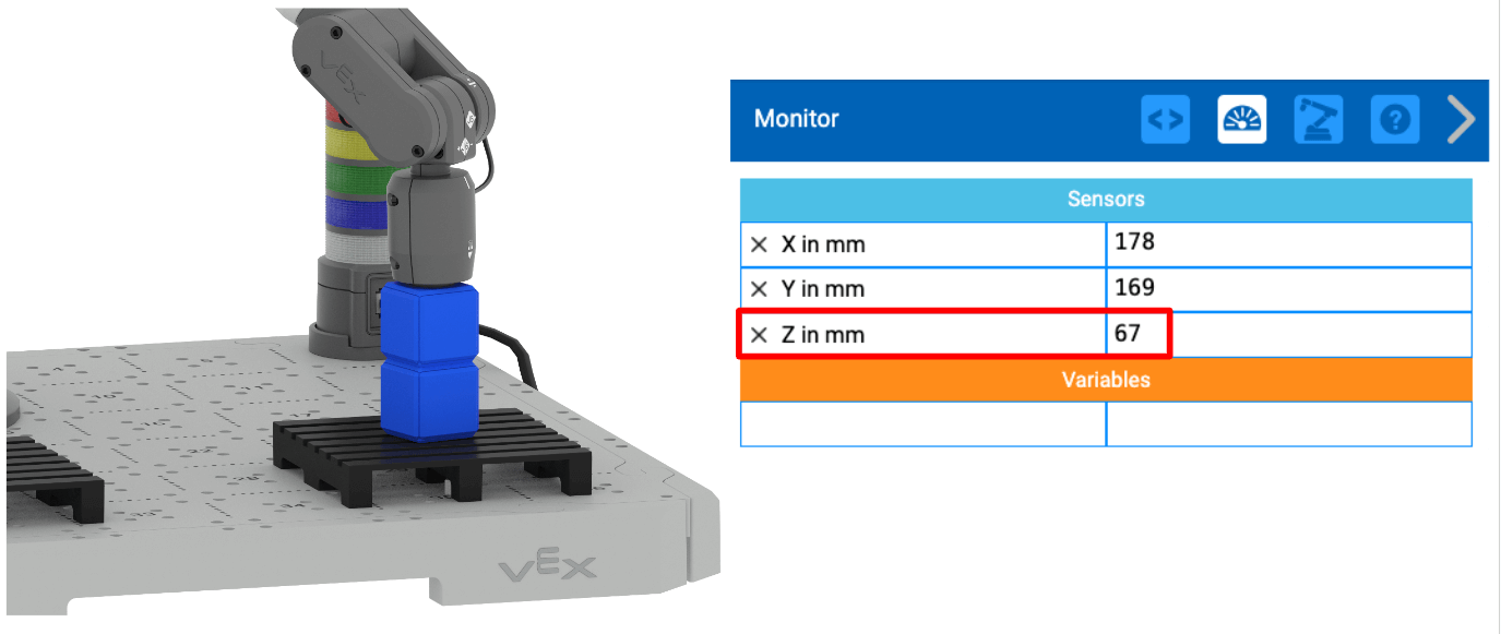 The same image as before without the red measurements showing the height of each object. Now there is an image of VEXcode's Monitor Sensor on the right, showing the 6-Axis Arm's current X, Y, and Z positions. The X position is 178 mm, the Y position is 169 mm, the Z position is 67 mm. The Z position is highlighted with a red box.