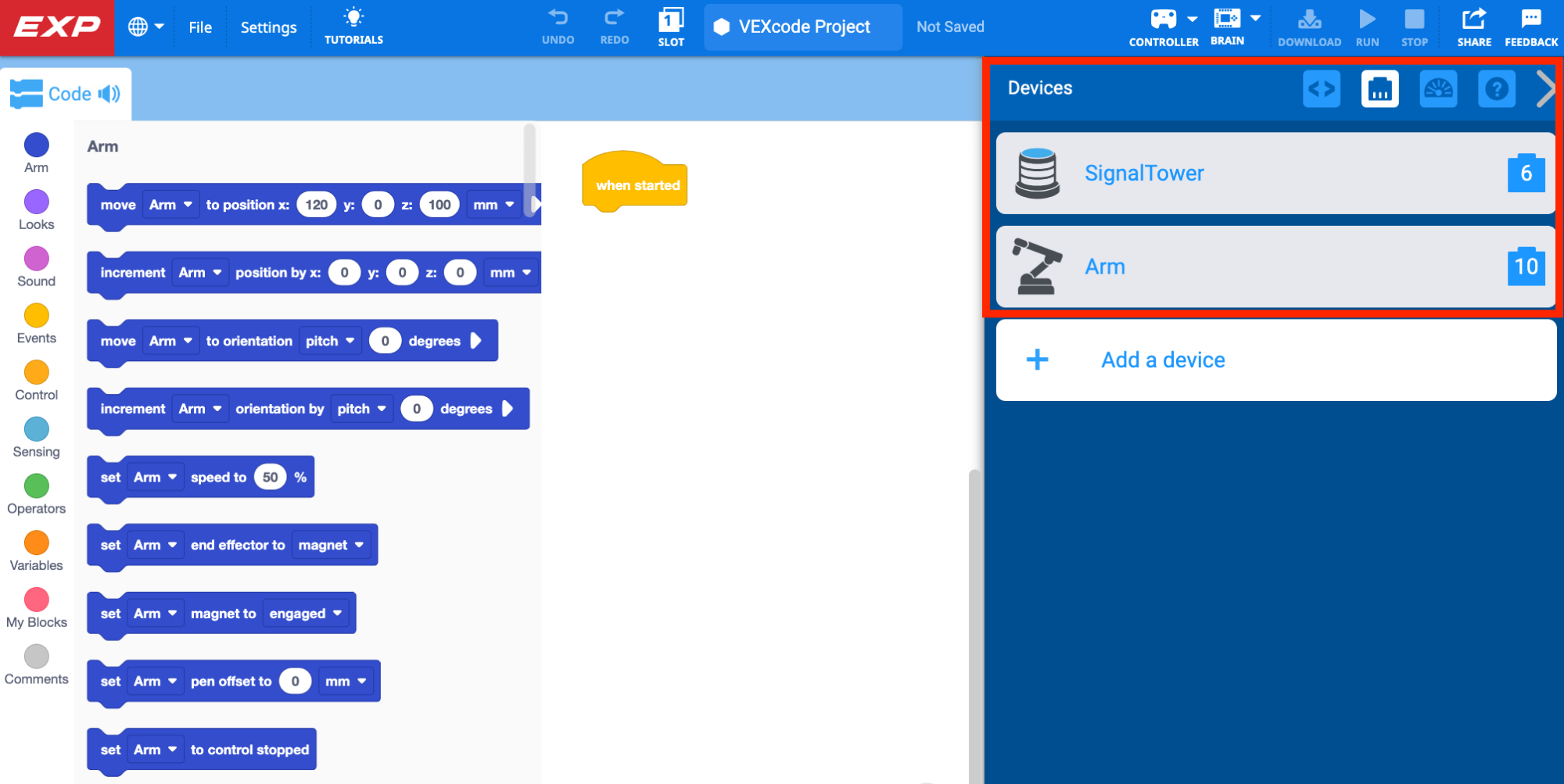 VEXcode EXP with the Devices Window open, and a Signal Tower and Arm shown as configured devices for the project.