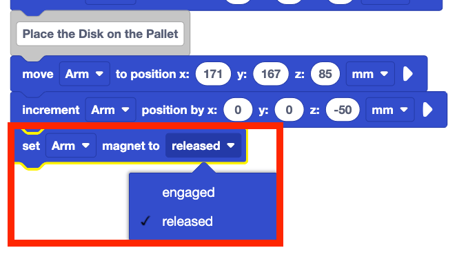 The same project with a set magnet block added to the end of the stack. The magnet parameter drop down is open and released is selected.